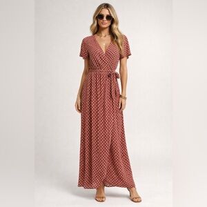 VICI Rust Floral Wrap Maxi Dress S Boho Short Sleeve Maroon 100% Rayon Tie Waist